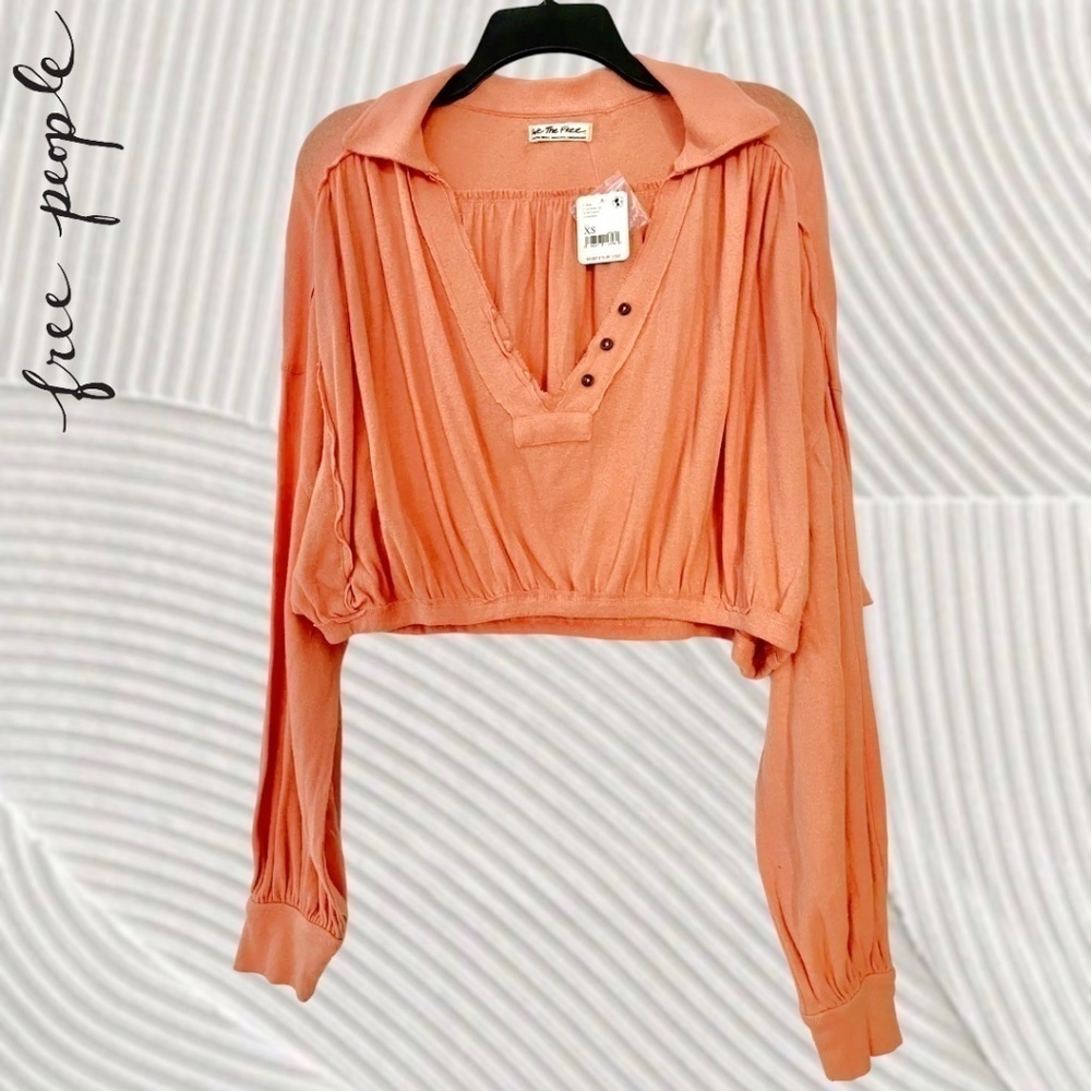 FREE PEOPLE Darren Long Sleeve Relaxed Billowy Deep V-Neck Crop Top NWT/XS - Picture 8 of 15